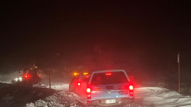 Hobart City Council workers brave think snow and blizzard conditions on their way to rescue walkers stranded on kunanyi/MtWellington. Picture: City of Hobart