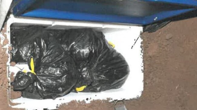 An Esky buried in the backyard of a property at Lara alleged to contain 80kg of ketamine imported by a syndicate, including Liam Moody, who was allegedly seen unloading buckets of the drugs from a budget rental truck. Picture: Supplied/AFP/Melbourne Magistrates' Court