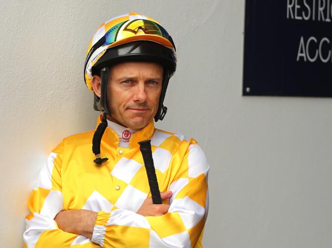 SYDNEY, AUSTRALIA - JANUARY 14: Brett Prebble riding Red Resistance prepares for Race 1 of the NED Australian Whiskey Handicap in RRR during Sydney Racing at Rosehill Gardens on January 14, 2023 in Sydney, Australia. (Photo by Jeremy Ng/Getty Images)