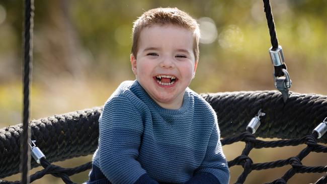 Levi Trowbridge, 3, went from having five seizures a day to a handful every year thanks to genetic testing that pinpointed his diagnosis. Picture: Jason Edwards