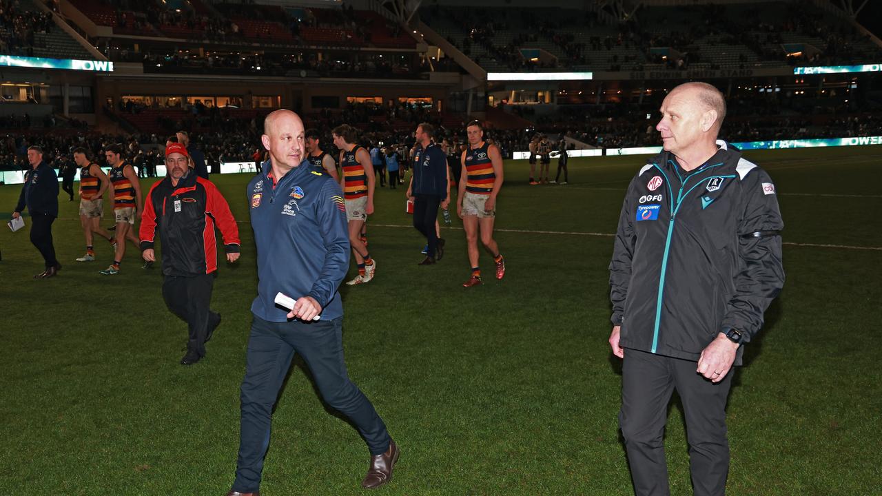 Things got frosty as the pair walked off. (Photo by James Elsby/AFL Photos via Getty Images)