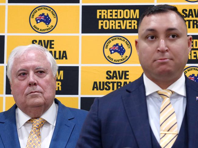 MELBOURNE, AUSTRALIA - NewsWire Photos October 12, 2022: UAP leader Clive Palmer is seen with the Federal party leader of the United Australia Party Senator Ralph Babet  during a press conference in Melbourne.Picture: NCA NewsWire / Luis Ascui