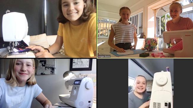 These five friends from St Rita's College Clayfield sewed scrub caps together, while chatting via Zoom, during their school holidays.