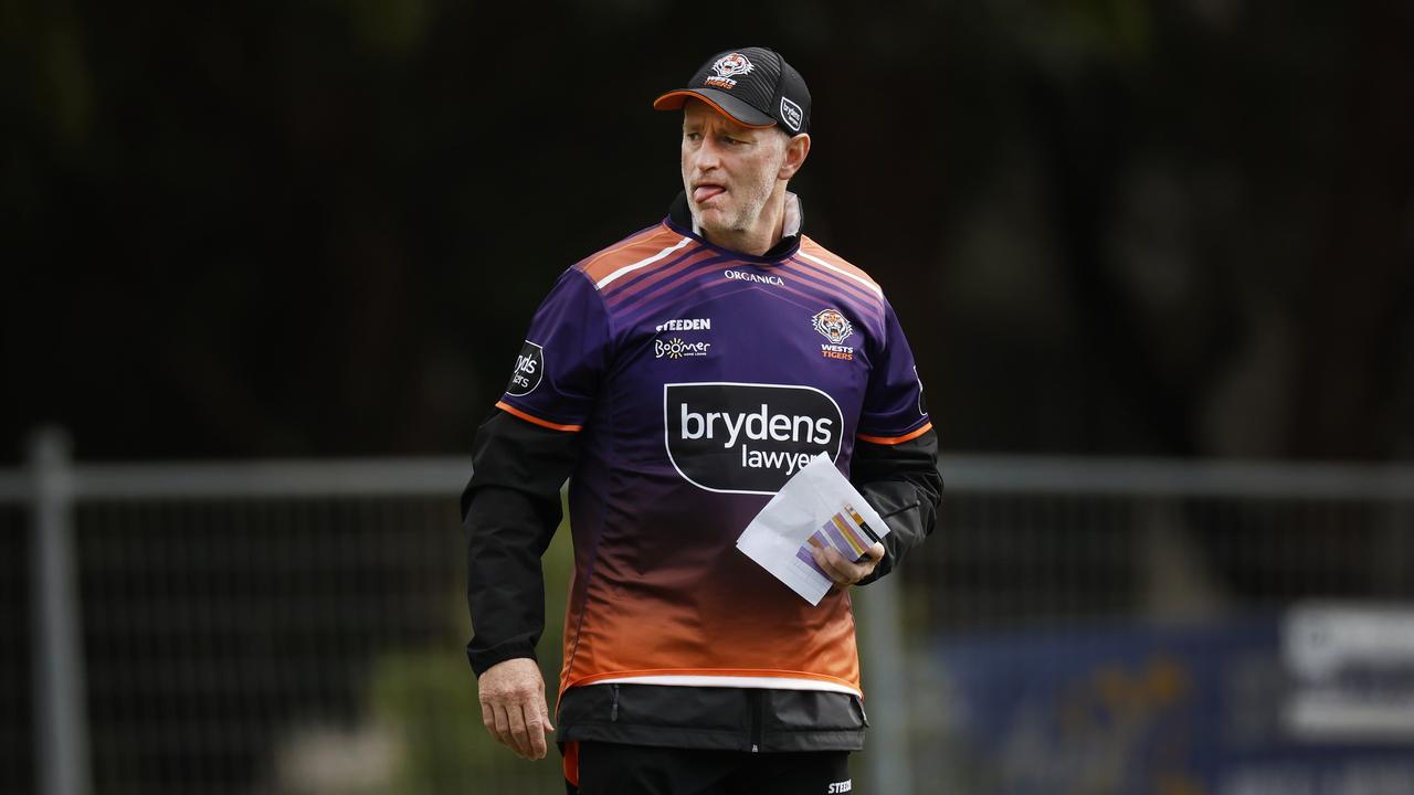 SYDNEY, AUSTRALIA - APRIL 13: Wests Tigers coach Michael Maguire looks on during a Wests Tigers NRL training session at St Lukes Park North on April 13, 2022 in Sydney, Australia. (Photo by Mark Evans/Getty Images)