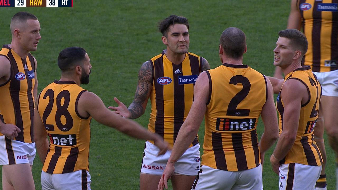 Hawthorn forwards go at it at half-time.