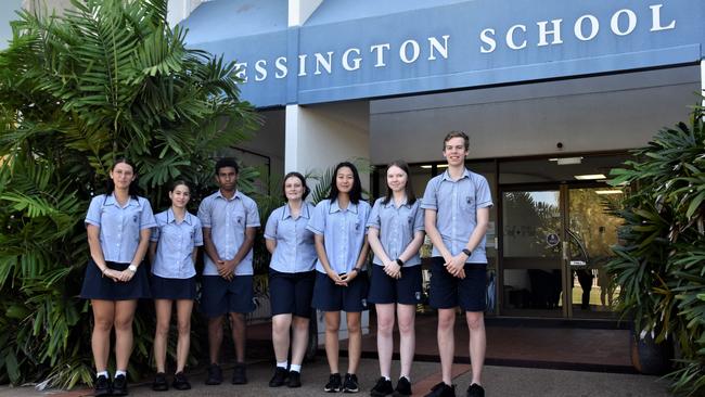 The Essington School students Athanasia Papandonakis, Gabriella Tsougranis, Tyson Crosley, Nicole Evans, Tian (Audrey) Ming, Charlotte Hatton, and Hunter Roomes are excited to move to the Rapid Creek campus. Picture: Sierra Haigh