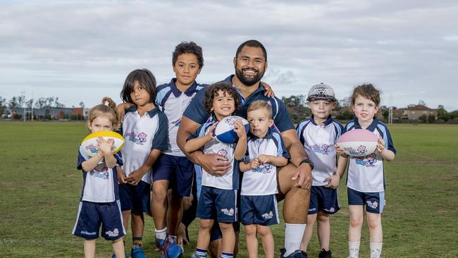 Former Western Force prop Salesi Manu has launched a new business on the Gold Coast coaching kids aged 1-7 how to play rugby called Rugby Tots. Picture: Jerad Williams