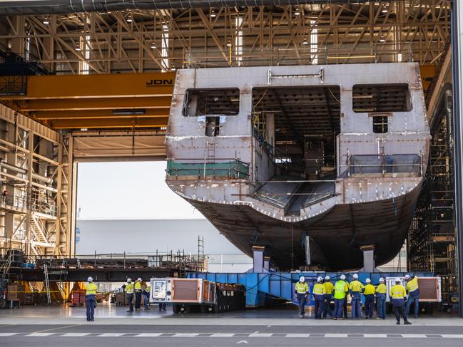 Two halves of an Offshore Patrol Vessel are brought together and welded, in the largest block move in the history of the Osborne Naval Shipyard. Picture: ADF