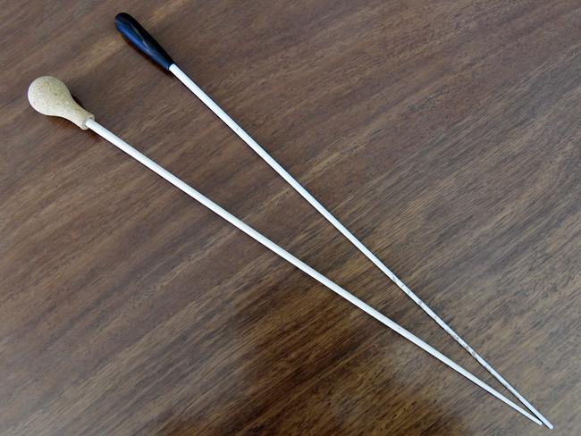 Two conductor baton used by former prime minister Bob Hawke when he conducted the Hallelujah Corus at Sydney Opera House in 2009 are seen at his home in Northbridge, Sydney, Wednesday, August 21, 2019. A range of items belonging to Bob Hawke and Blanche D'Alpuget will go to auction on August 27. (Bianca De Marchi)