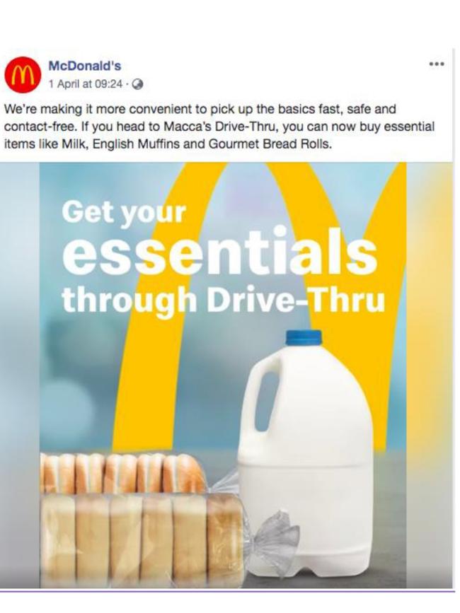 McDonald’s is offering essentials like bread and milk via their drive-through service.