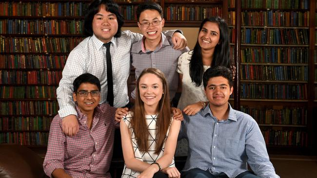 Sonny Tran, Terence Ang and Kritika Mishra (back L-R) and Abhiram Hiwase, Hannah Bransbury and Teham Ahmad (front L-R) are among the top SACE students for 2016. Picture: Tricia Watkinson