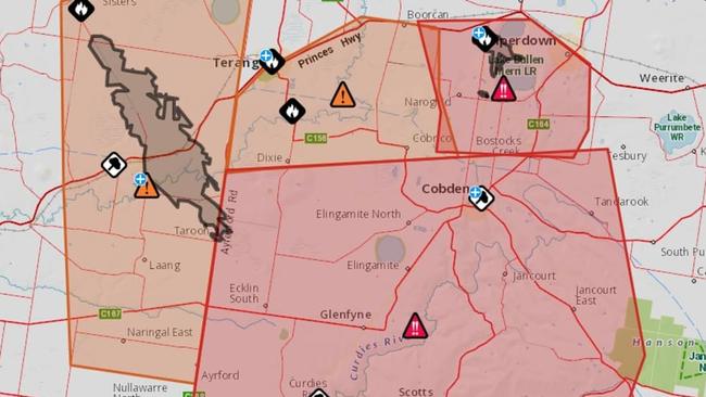 Vic Emergency map showing the two main fires. Supplied by VicEmergency