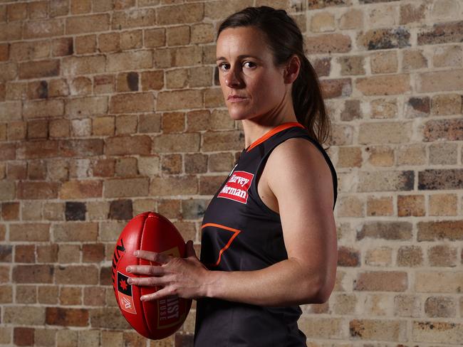 SYDNEY, AUSTRALIA - SEPTEMBER 07: GWS Giants Captain Alicia Eva poses during a Sydney Swans and GWS Giants joint media opportunity ahead of the first AFLW Sydney Derby, at Circular Quay on September 07, 2022 in Sydney, Australia. (Photo by Mark Metcalfe/Getty Images)