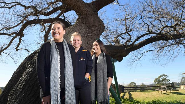 Visitors Tiarne Smith, Mackenzie Honer-Poole and Abbey Cohen visit the historic oak tree at Camden’s Belgenny Farm which turns 200 this month. Picture: Simon Bullard