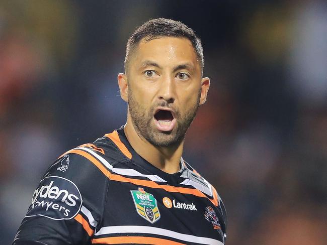 SYDNEY, AUSTRALIA - MARCH 23:  Benji Marshall of the Tigers  looks on during the round three NRL match between the Wests Tigers and the Brisbane Broncos at Campbelltown Sports Stadium on March 23, 2018 in Sydney, Australia.  (Photo by Mark Evans/Getty Images)