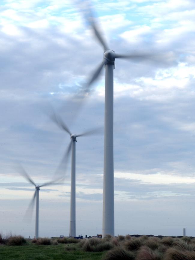 Towering turbines at the Hydro Tasmania wind farm site at Woolnorth on the state’s North-West Coast.