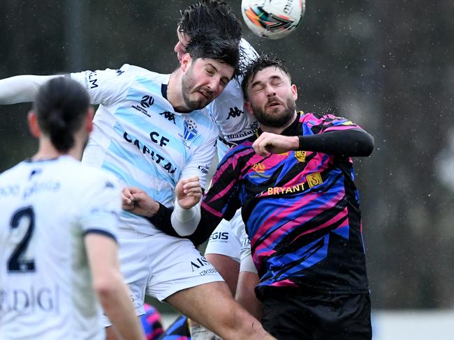 Luka Ninkovic of South Melbourne FC heads the ball during the round 25 NPL VIC Mens match between Avondale FC and South Melbourne FC at Avenger Park in Parkville, Victoria on August 12, 2023. (Photo by Josh Chadwick)