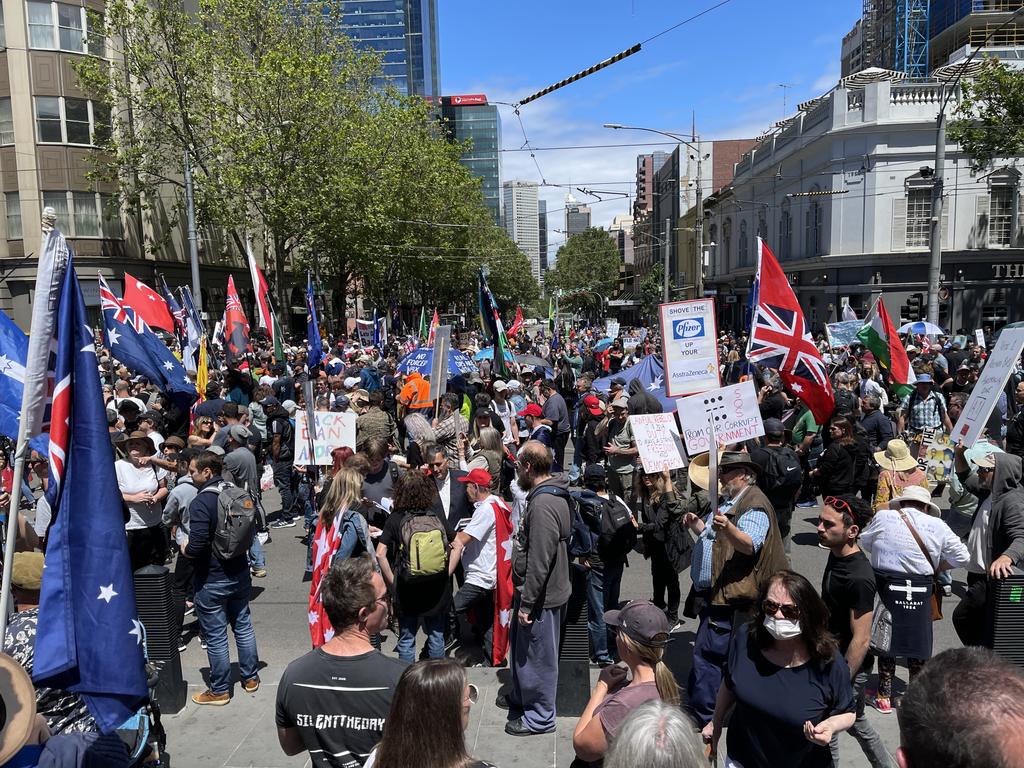 Melbourne protesters gather in opposition to Andrews Government’s pandemic Bill at state Parliament. Picture: Alex Coppel