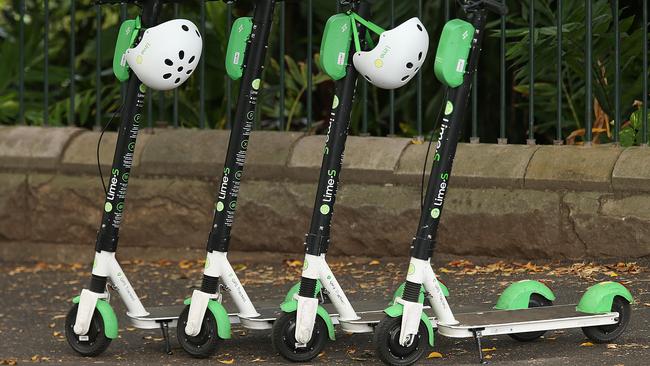 Lime scooters waiting for customers in Brisbane. Lyndon Mechielsen/The Australian