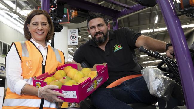 Queensland LNP leader Deb Frecklington with Anthony Joseph at the Brisbane Markets. Picture: Sarah Marshall