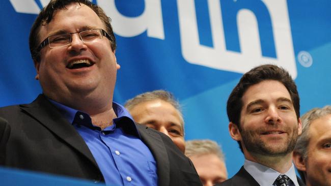 Linkedin founder Reid Garrett Hoffman (L) and CEO Jeff Weiner (R) just before ringing the opening bell of the New York Stock Exchange.