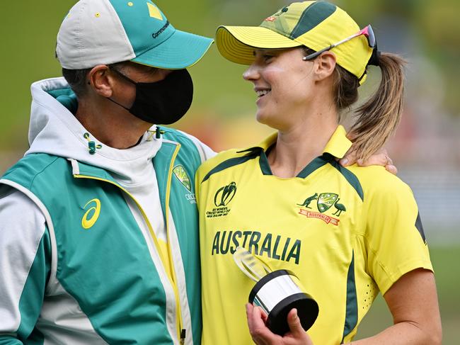 WELLINGTON, NEW ZEALAND - MARCH 13: Ellyse Perry of Australia reacts following the 2022 ICC Women's Cricket World Cup match between New Zealand and Australia at Basin Reserve on March 13, 2022 in Wellington, New Zealand. (Photo by Mark Tantrum/Getty Images)