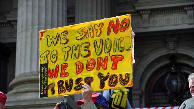 One of the signs reads: ‘We don’t trust you’. Picture: NCA NewsWire / Luis Enrique Ascui