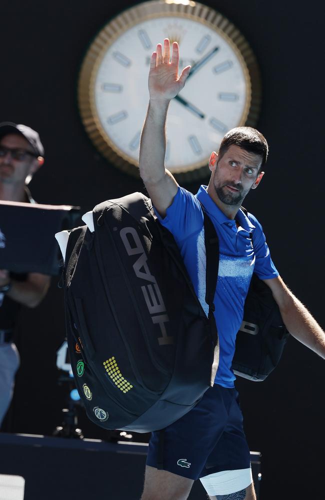 Novak Djokovic retired after the first set in the men’s semifinal against Alexander Zverev on Friday afternoon. Picture: Michael Klein