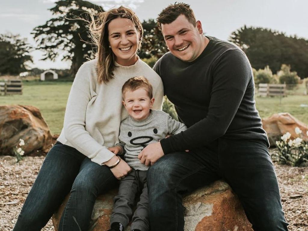 Duncan Craw, 32, of Warrnambool, Victoria, was likely taken by a shark while snorkelling off the coast of Port MacDonnell. Pictured with wife Tay and their son Levi. Picture: Supplied by family.