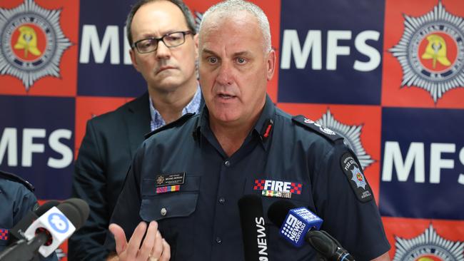 Emergency Services Minister Corey Wingard, behind Chief Officer Michael Morgan. Picture: AAP Image