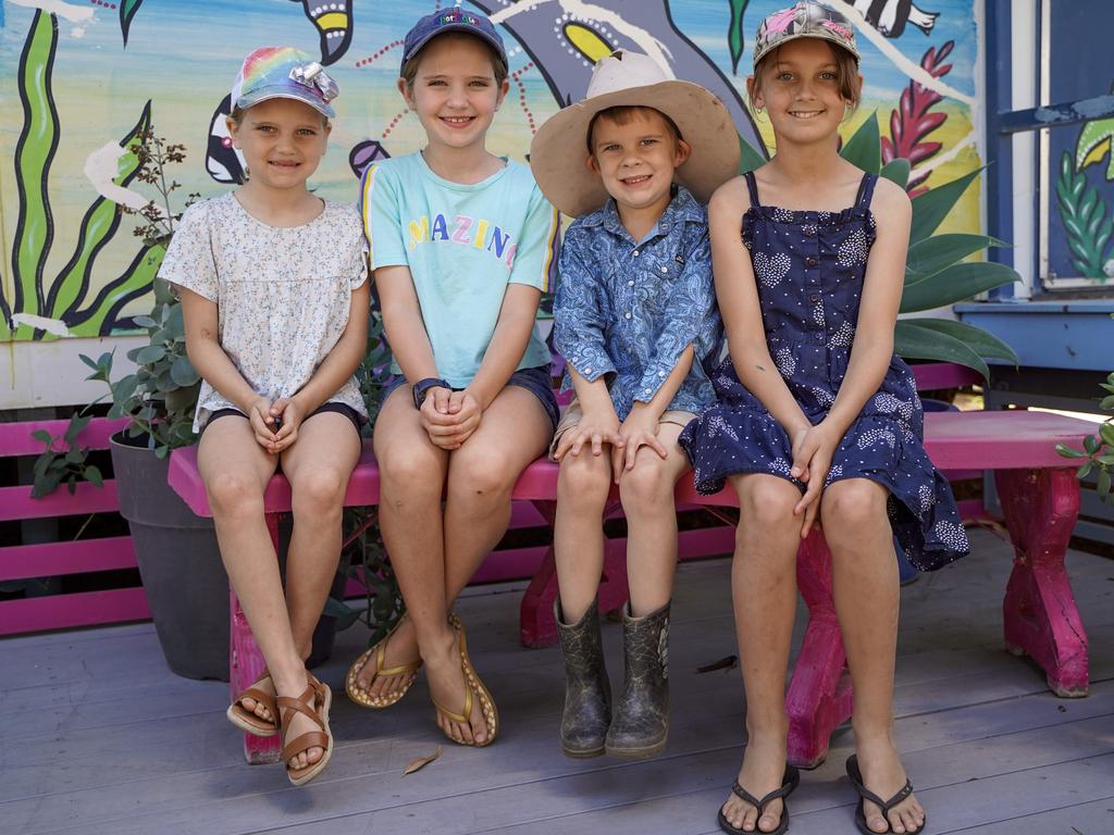 Laura Van Tienhoven, 8, of Seaforth and sister Amy Van Tienhoven, 10, with Dallas Paine, 5, and Amelia Paine, 10, of Nebo at the 40th birthday celebrations of Coppabella State School. Picture: Heidi Petith