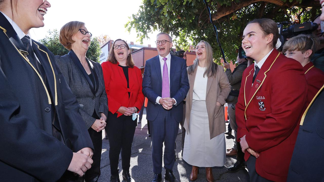 Former prime minister Julia Gillard, Labor Boothby candidate Louise Miller-Frost, Anthony Albanese and his partner, Jodie Haydon. Picture: Sam Ruttyn