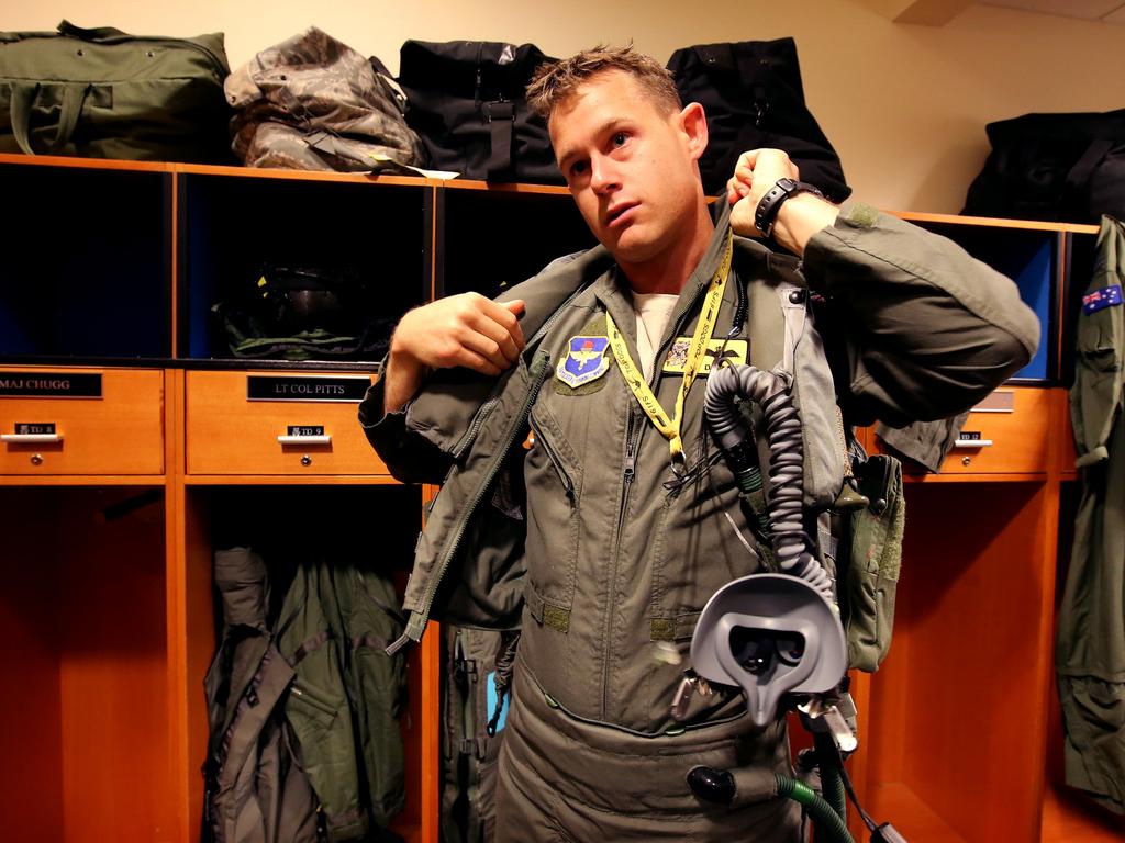 Australian Pilots training in the F35 fighter Jets Luke Airforce Base in Phoenix Arizona. Flight Lieutenant “Damo” before a flight . Picture: Nathan Edwards