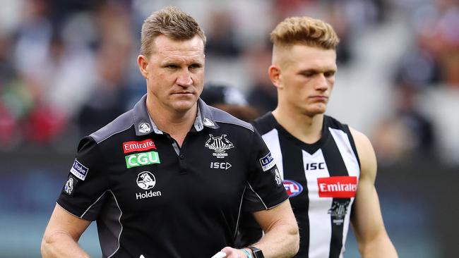 The signs were ominous for Nathan Buckley and Adam Treloar at three-quarter time. Picture: Michael Klein