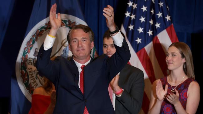 Glenn Youngkin declares victory in Chantilly on Wednesday. Picture: AFP