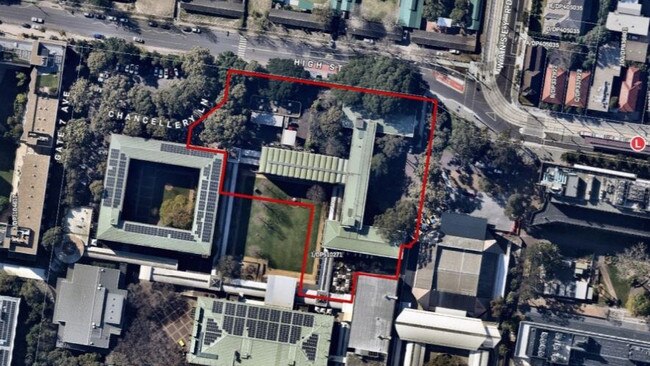 The current site (in red) for the new building, which currently includes The Chancellery building. The light rail stop can also be seen on High St.