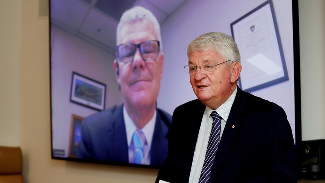 Central Coast Council Administrator Dick Person announcing  the new CEO David Farmer via link.pic Sue Graham