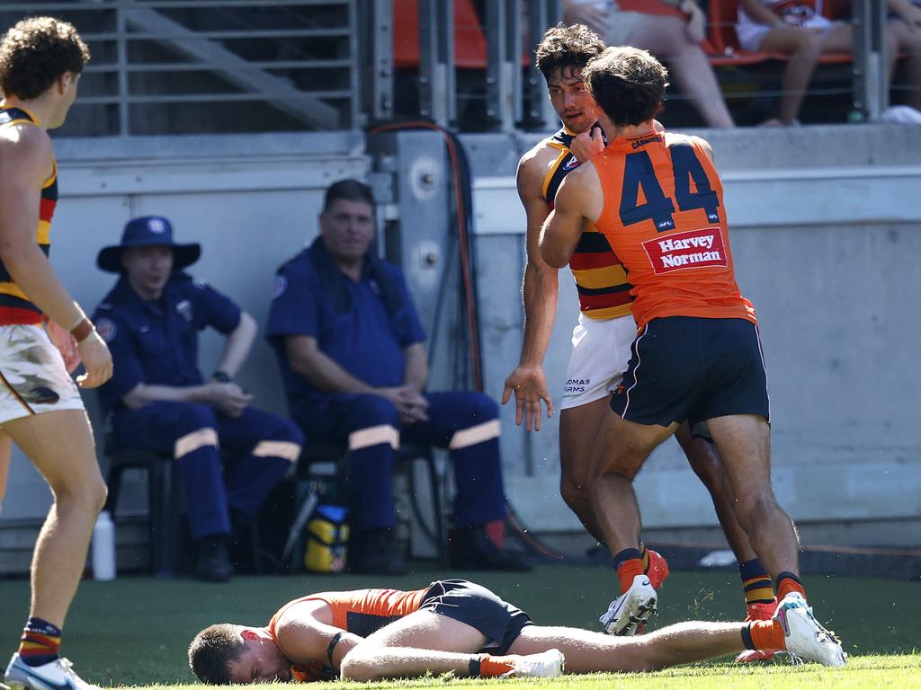 Adelaide’s Shane McAdam is confronted after his hit on Jacob Wehr. Picture: Phil Hillyard