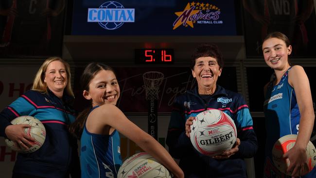 Local netball and current Contax coach Pauline Fielden with past and present players Jessica Mader, Tahlia Fielden and Tahlia Jolly. Picture: Tricia Watkinson