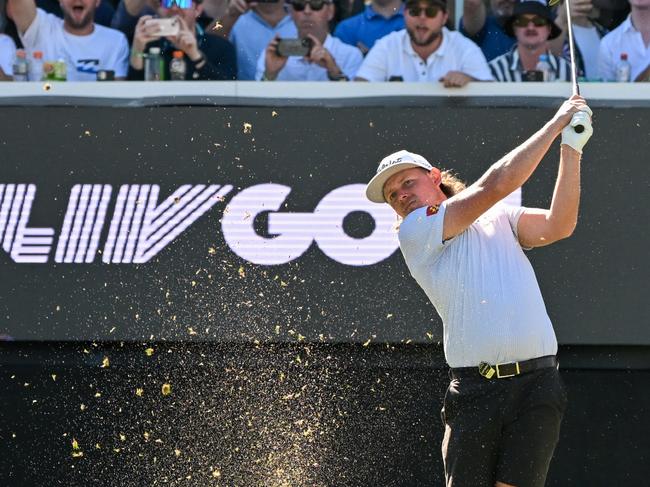 ADELAIDE, AUSTRALIA - APRIL 22: Cam Smith of Ripper GC tees off on the 12th hole during day two of Liv Golf Adelaide at The Grange Golf Course on April 22, 2023 in Adelaide, Australia. (Photo by Asanka Ratnayake/Getty Images)