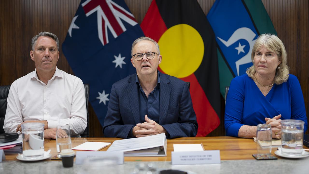 Chief Minister Eva Lawler (R) with Prime Minister Anthony Albanese (centre) and Deputy Prime Minister Richard Marles at Federal Cabinet in Darwin on March 13, 2024.