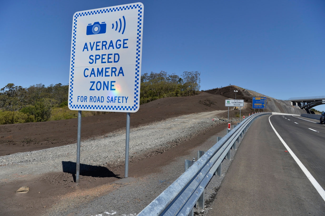 An sign for average speed camera or point to point speed camera monitoring on the Toowoomba Second Range Crossing during a media preview before opening, Friday, September 6, 2019. Picture: Kevin Farmer