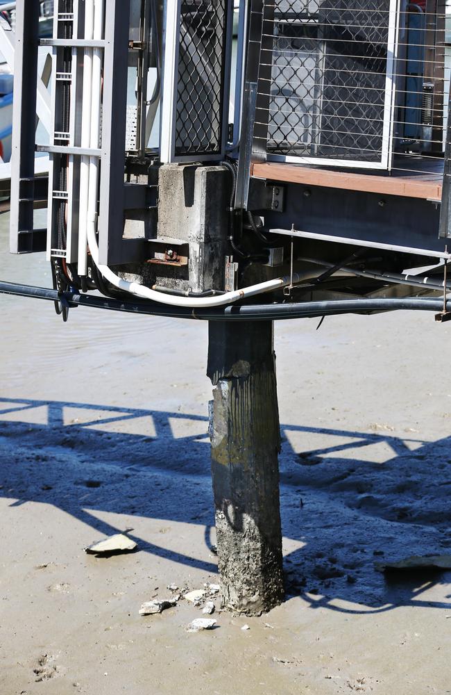 The yacht suffered a mechanical malfunction when coming in to dock. The damage sustained to the E arm gangplank at the marina. Picture: Brendan Radke