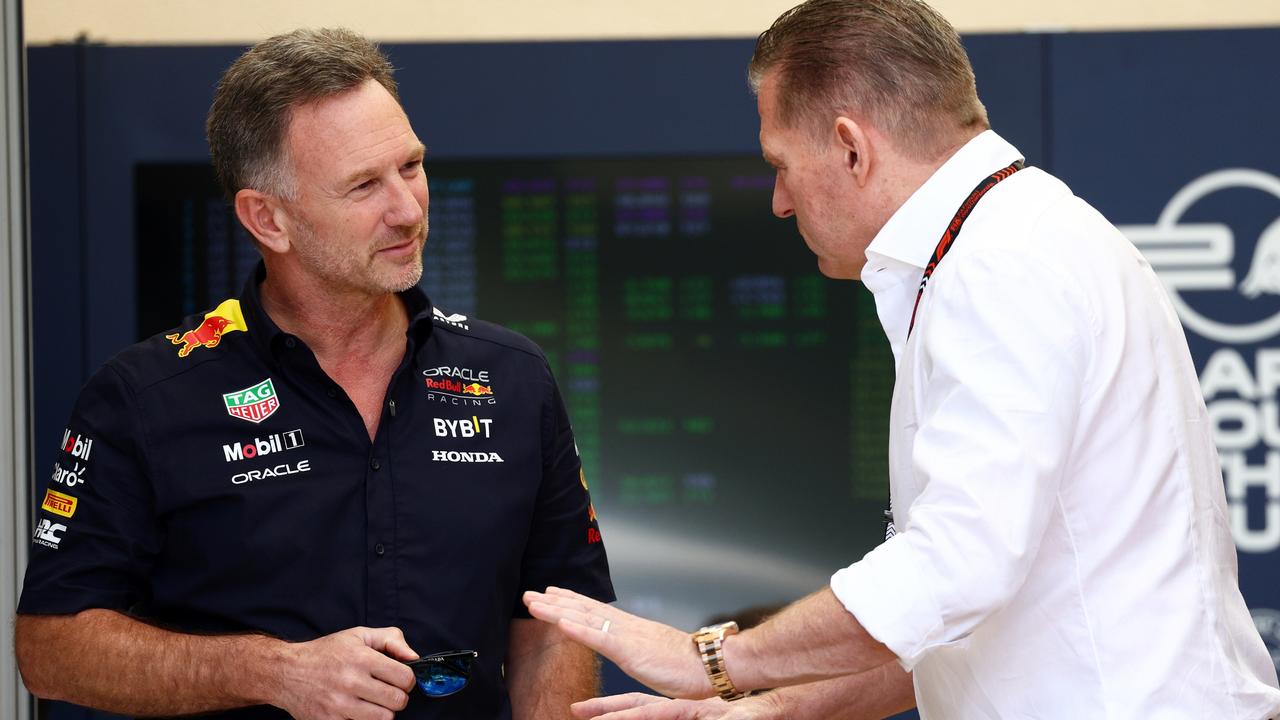 Christian Horner talks with Jos Verstappen at the Bahrain Grand Prix. (Photo by Clive Rose/Getty Images)