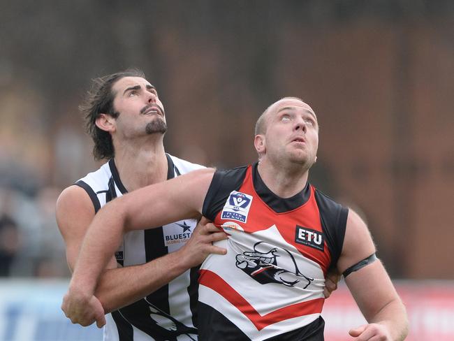 VFL football Frankston v Collingwood at Frankston. Collingwood ruckman Brodie Grundy and Frankston counterpart Russell Gabriel battle for the ball.