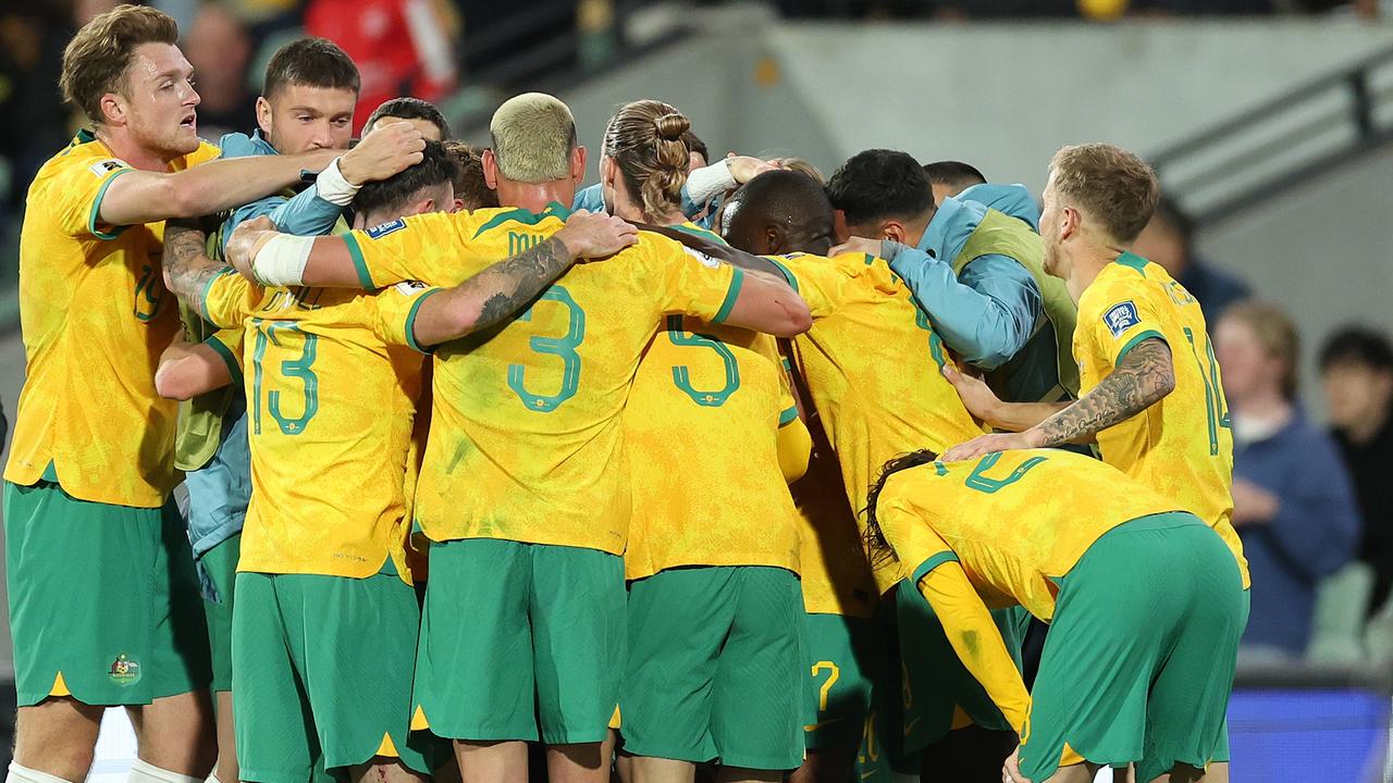 The Socceroos celebrate Nishan Velupillay’s goal against China. Picture: Robert Cianflone/Getty Images