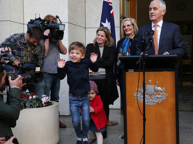 Malcolm Turnbull with his grandchildren Jack and Alice, daughter Daisy and wife Lucy on the day he lost the Liberal leadership. Picture: Picture Kym Smith