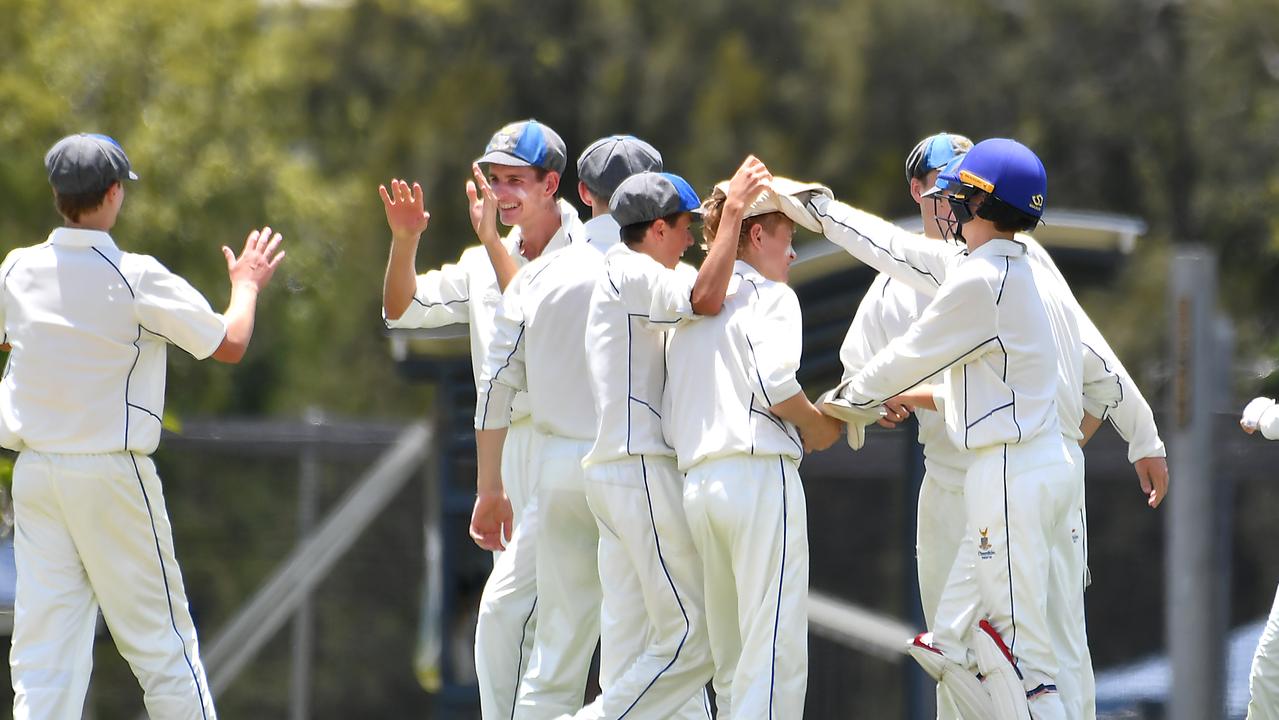 Churchie celebrate a wicket GPS First XI cricket between Churchie and Brisbane State High on January 28. Picture: John Gass