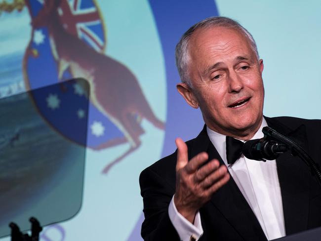 Australian Prime Minister Malcolm Turnbull speaks during a dinner to commemorate the 75th anniversary of the Battle of the Coral Sea during WWII on board the Intrepid Sea, Air and Space Museum May 4, 2017 in New York, New York. / AFP PHOTO / Brendan Smialowski