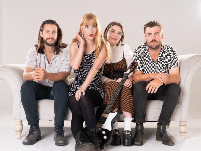 ***EXCLUSIVE FOR THE AUSTRALIAN ONLY***Perth indie rock band King Ibis, which won a contest to perform a support slot at British rock act Coldplay's concert at Perth's Optus Stadium on Sunday, November 19 2023. L-R: Matthew Oakley, Nadene Burchell, Samantha Goddard, John McAndrew. Picture: Sheldon Ang